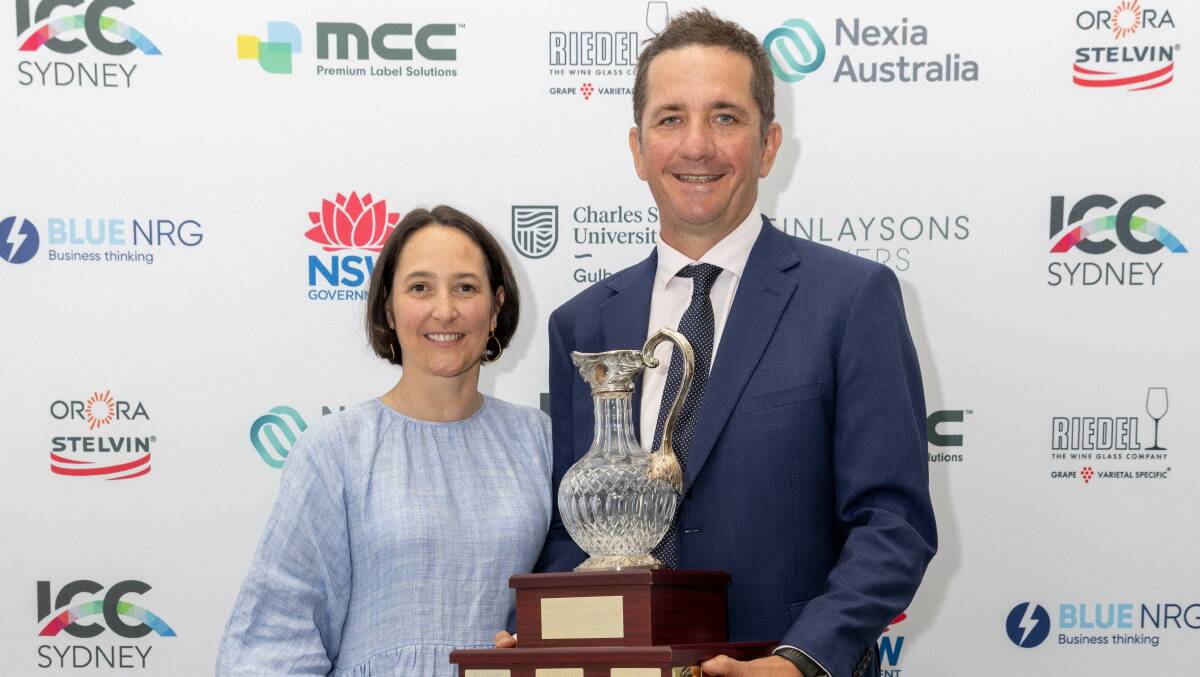 Georgie and Tom Ward receiving the 2022 Graham Gregory Award at the ICC Sydney Wine Awards. Picture supplied