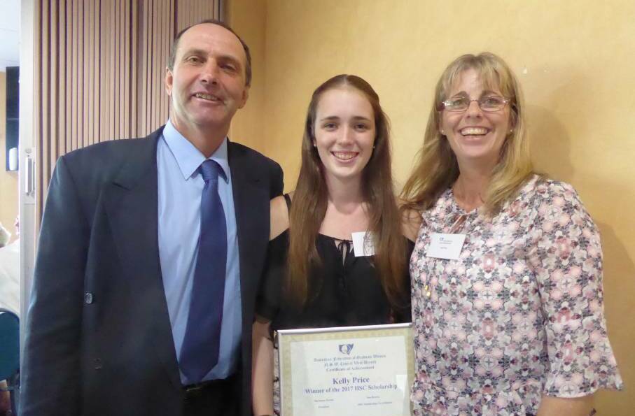 AFGW Scholarship winner Kelly Price (centre) with her parents Matt and Lisa Price of Canowindra earlier this year. All proceeds from the AFGW talk will go to the scholarship. 